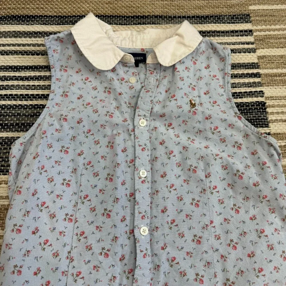 Ralph Lauren Girls Floral Sleeveless Romper Shorts Preppy Light Blue Size 16